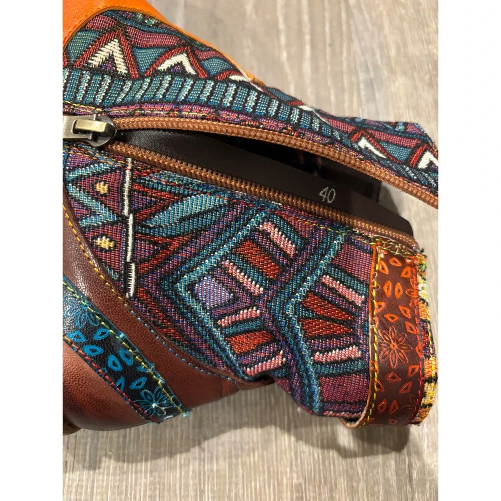 Bohemian Ankle Boots, Leather Accent, Colorful Fabric, Lace-Up, Side Zip‎ Sz 40